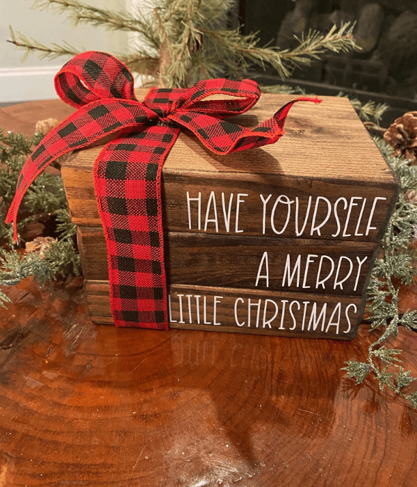 wood christmas book stack