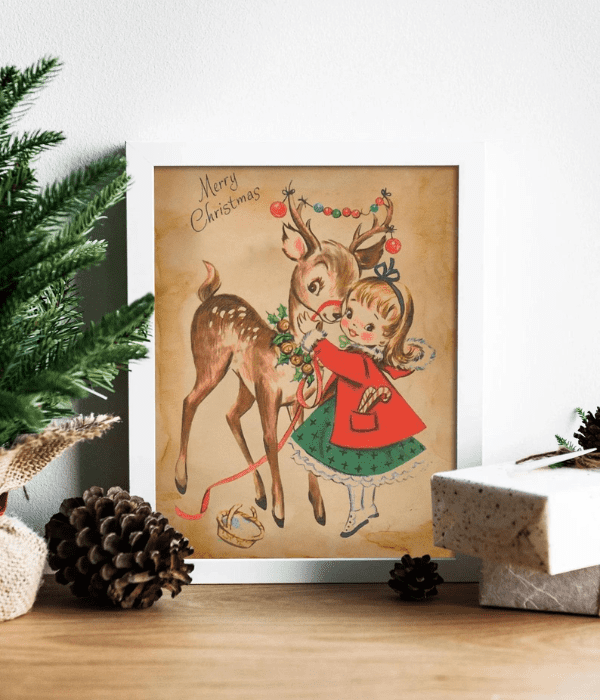 Christmas Vintage Young Girl Hugging a deer sign