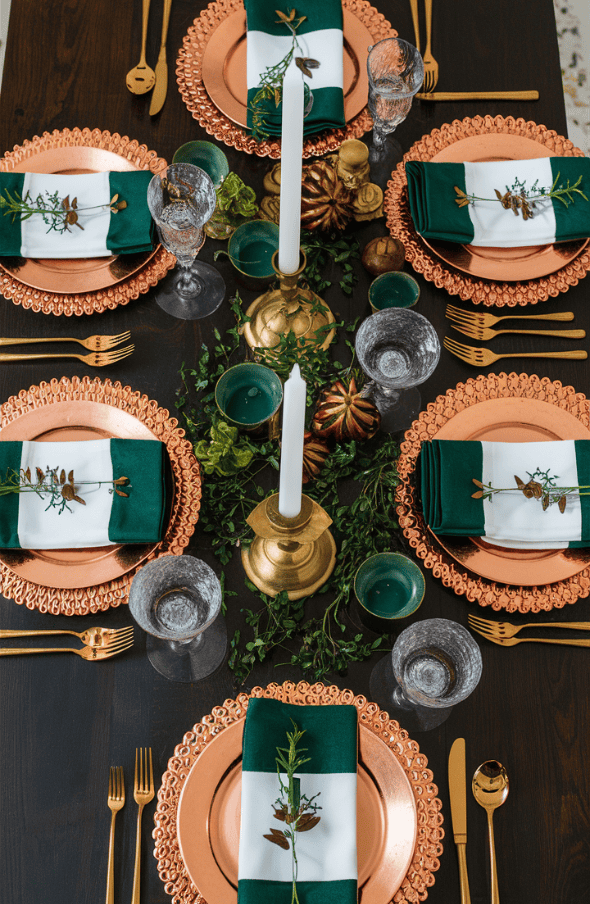 green and copper fall table scape