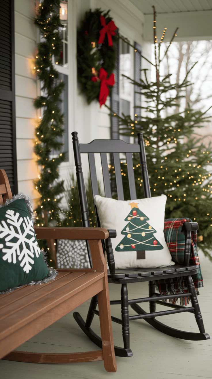 christmas porch with throw pillows