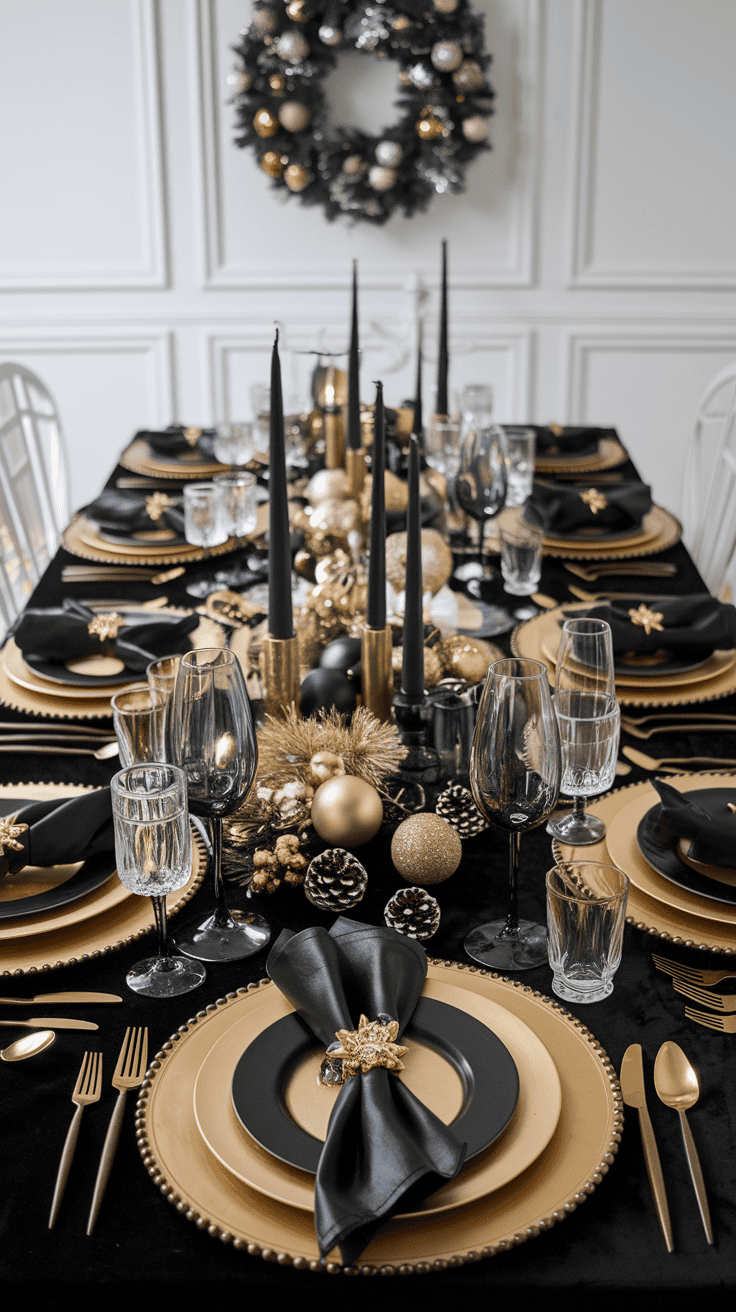 gold and black christmas table settings