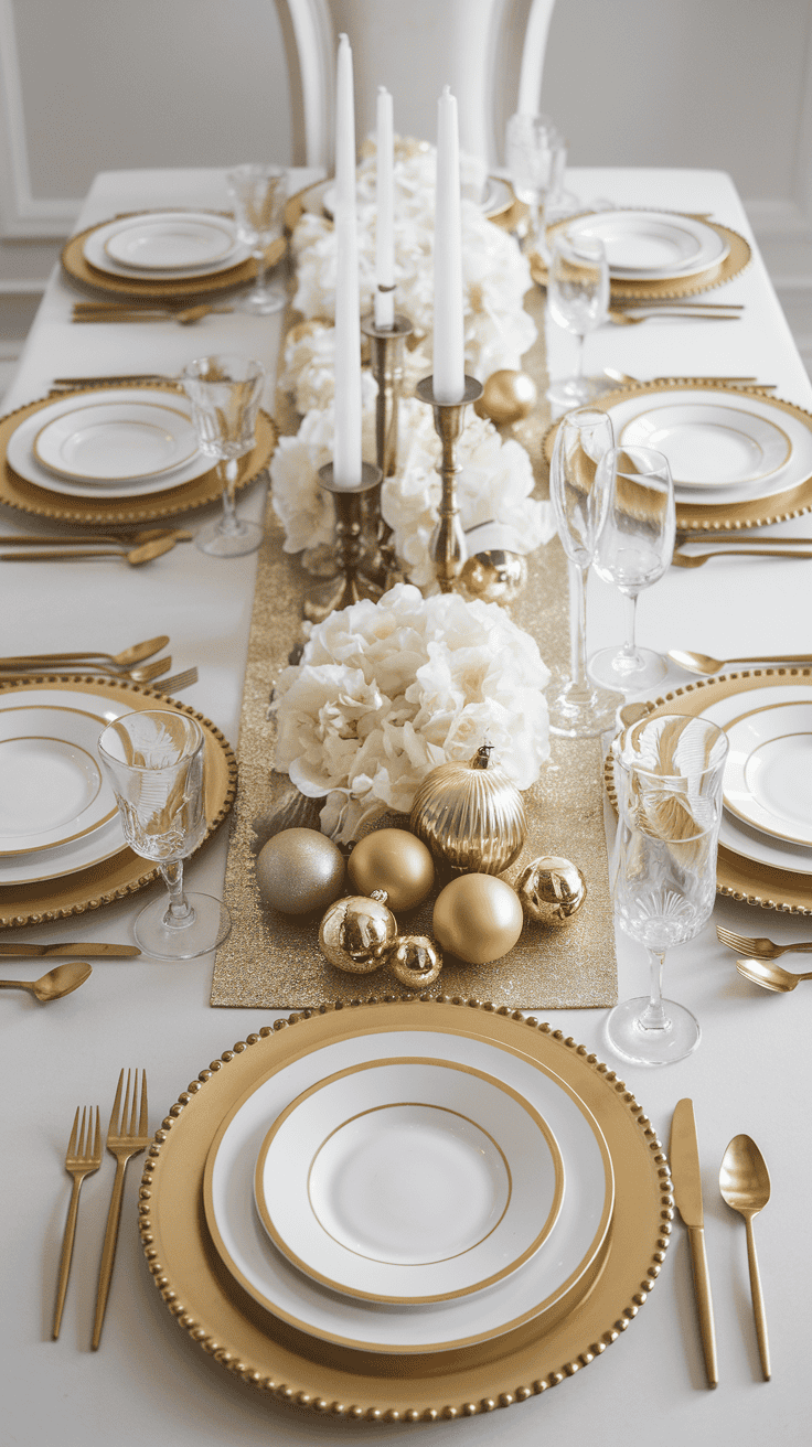 gold and white table setting