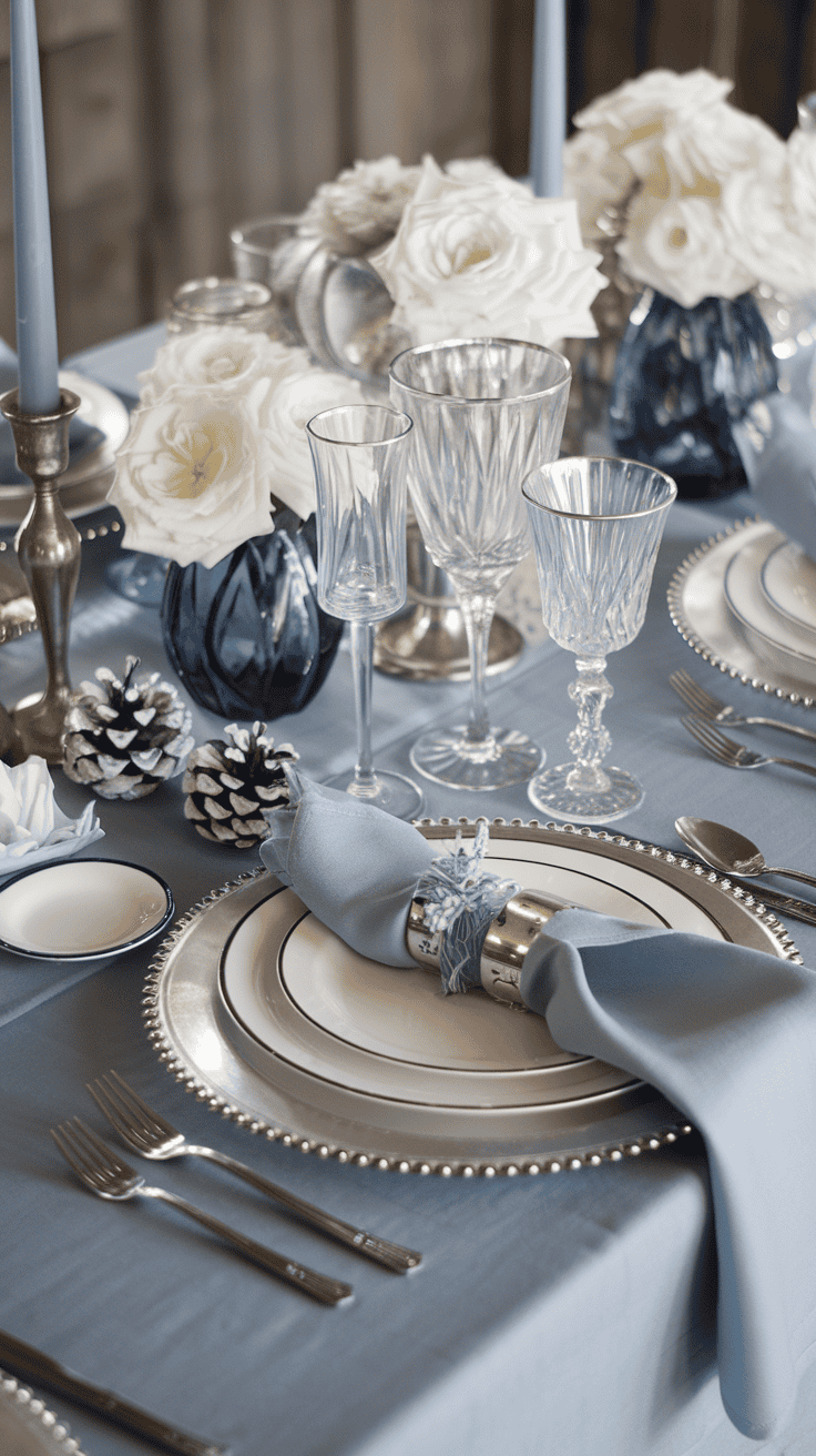 thanksgiving table setting silver and blue