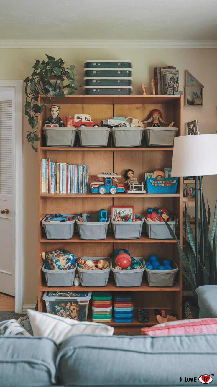 toy storage using bookshelf