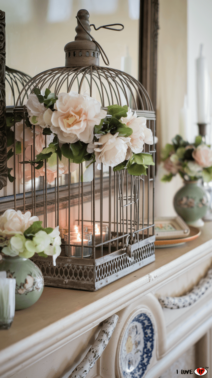 spring mantel decor ideas birdcage