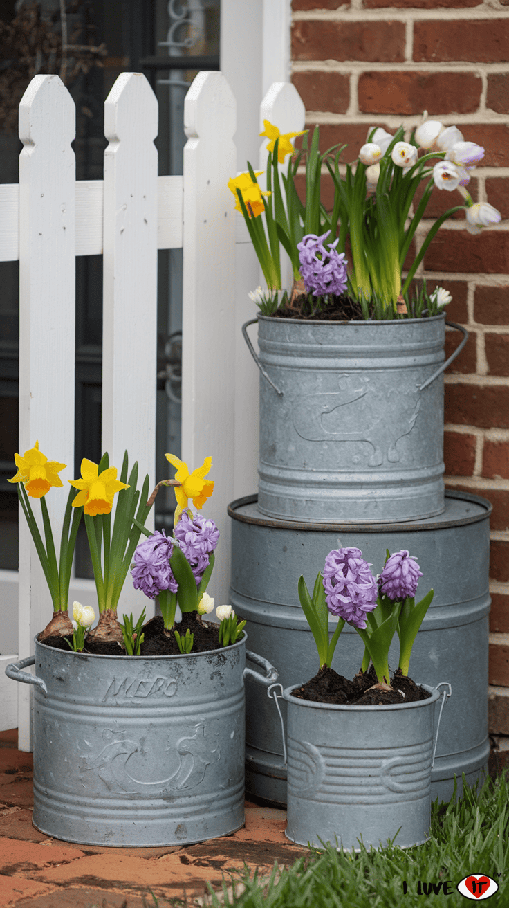 spring decor metal buckets