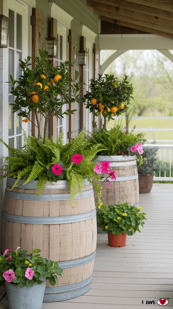 spring wine barrel porch decor