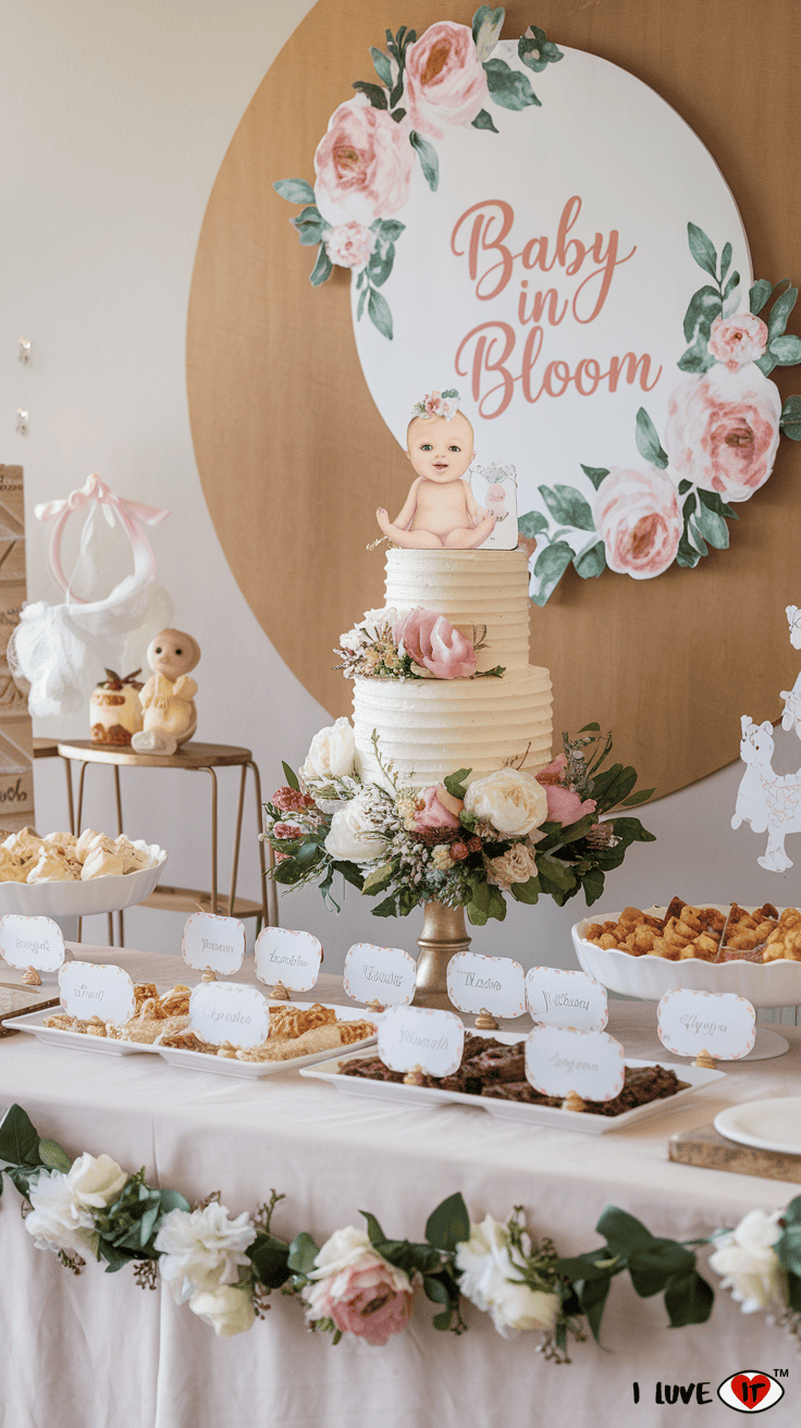 baby in bloom dessert table