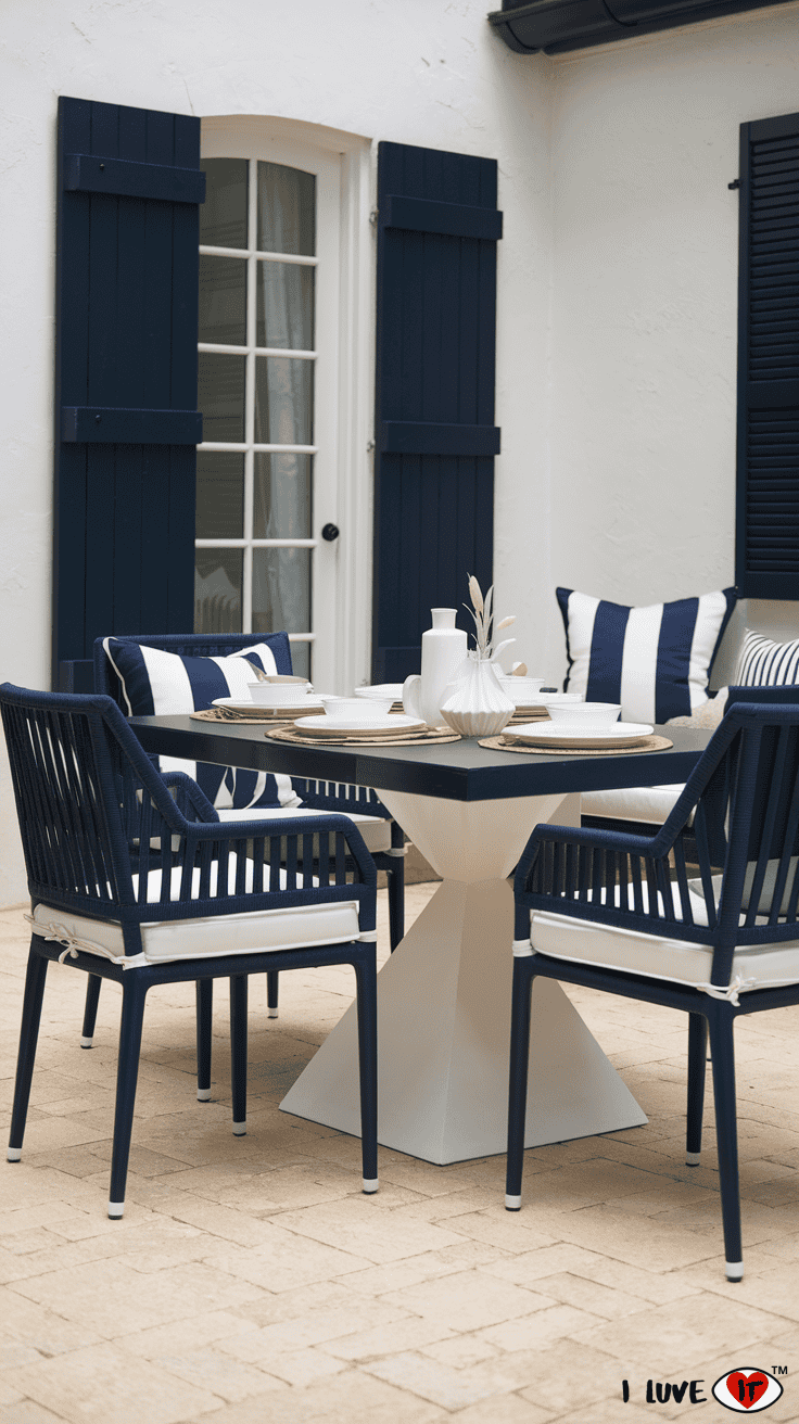 white and navy patio decor