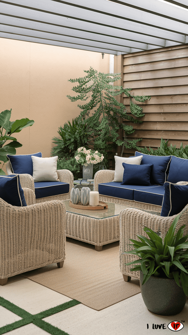 navy blue and beige patio decor