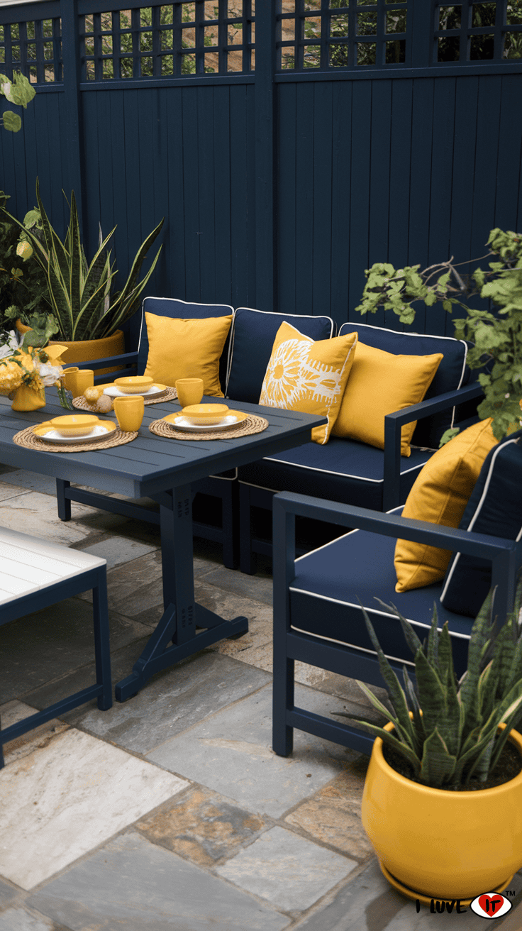 navy blue and yellow patio decor ideas