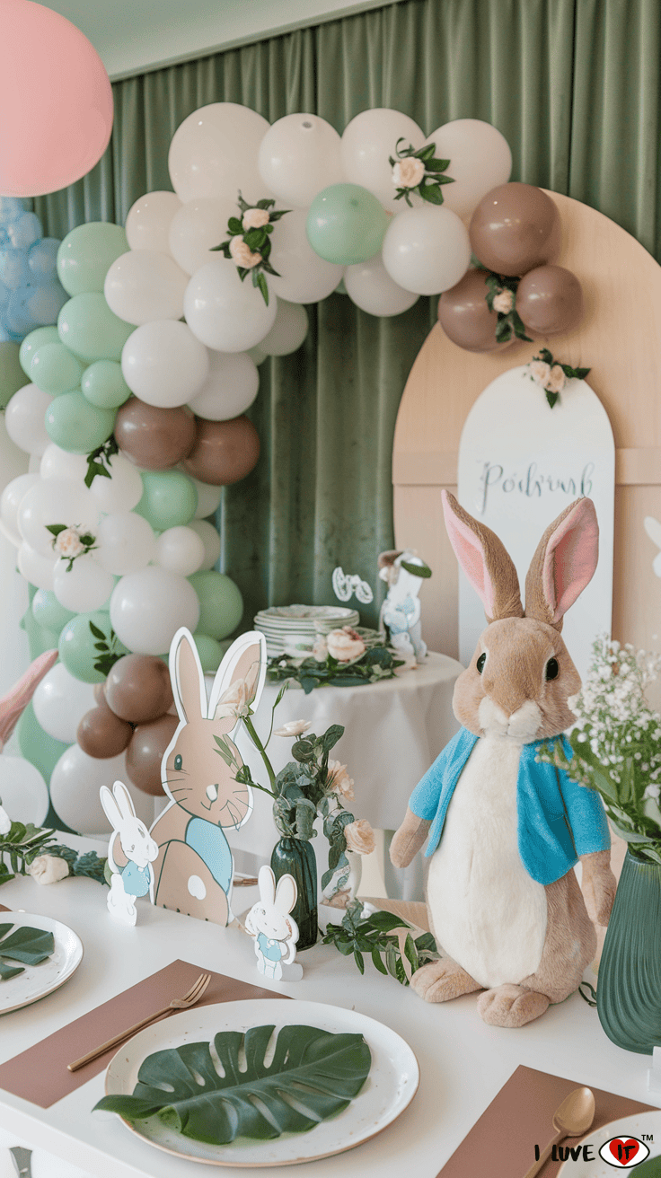 Peter rabbit balloon arch baby shower ideas