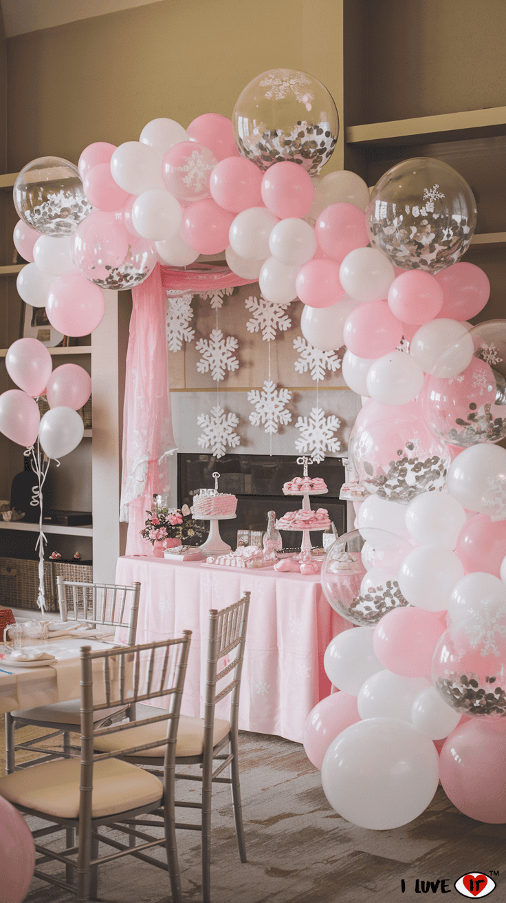 pink and white balloon baby shower arch