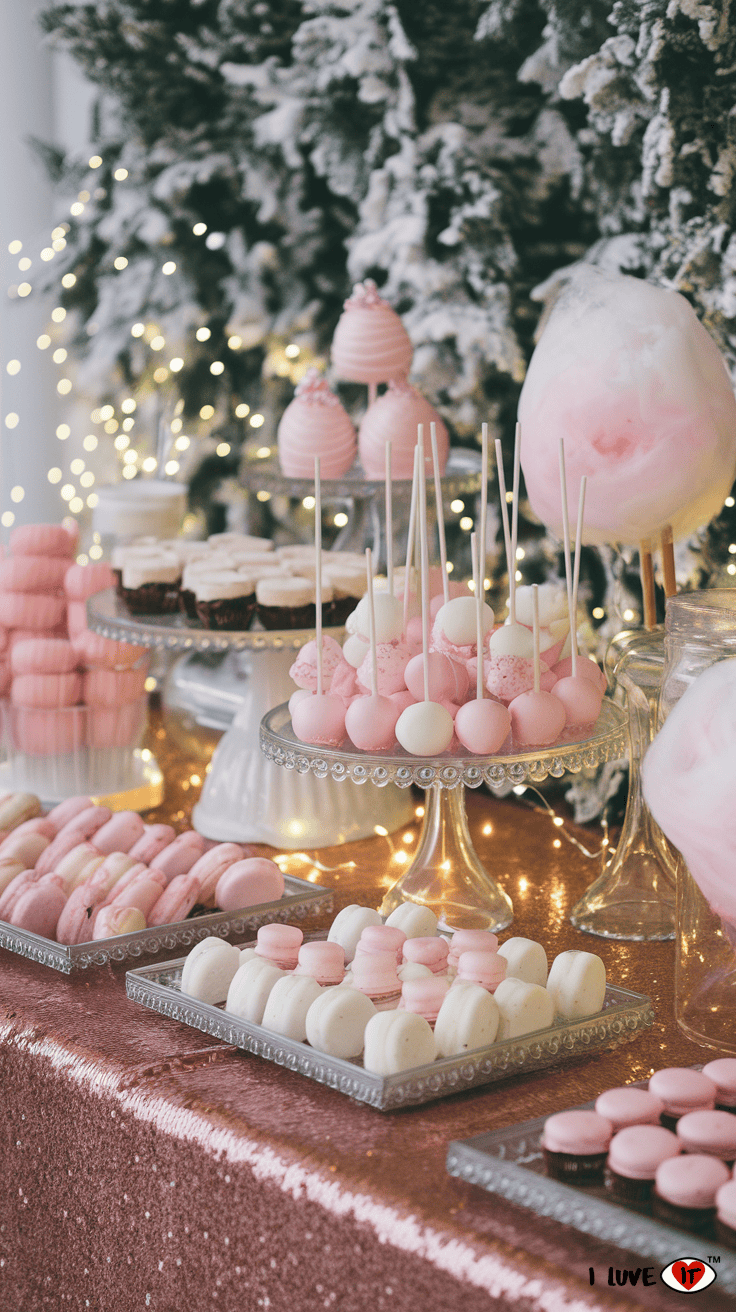 pink and white dessert table