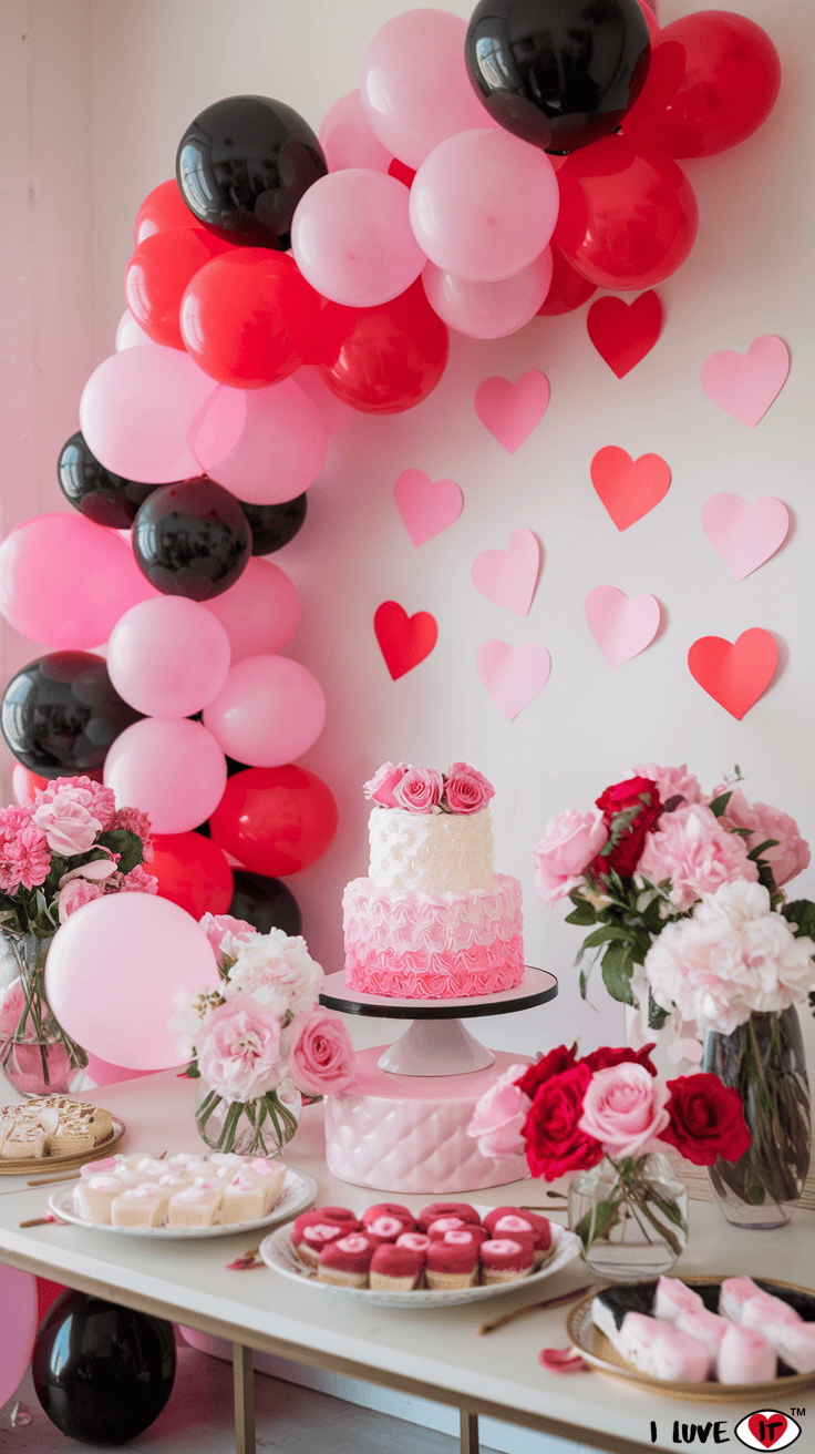 pink and red valentine balloon garland