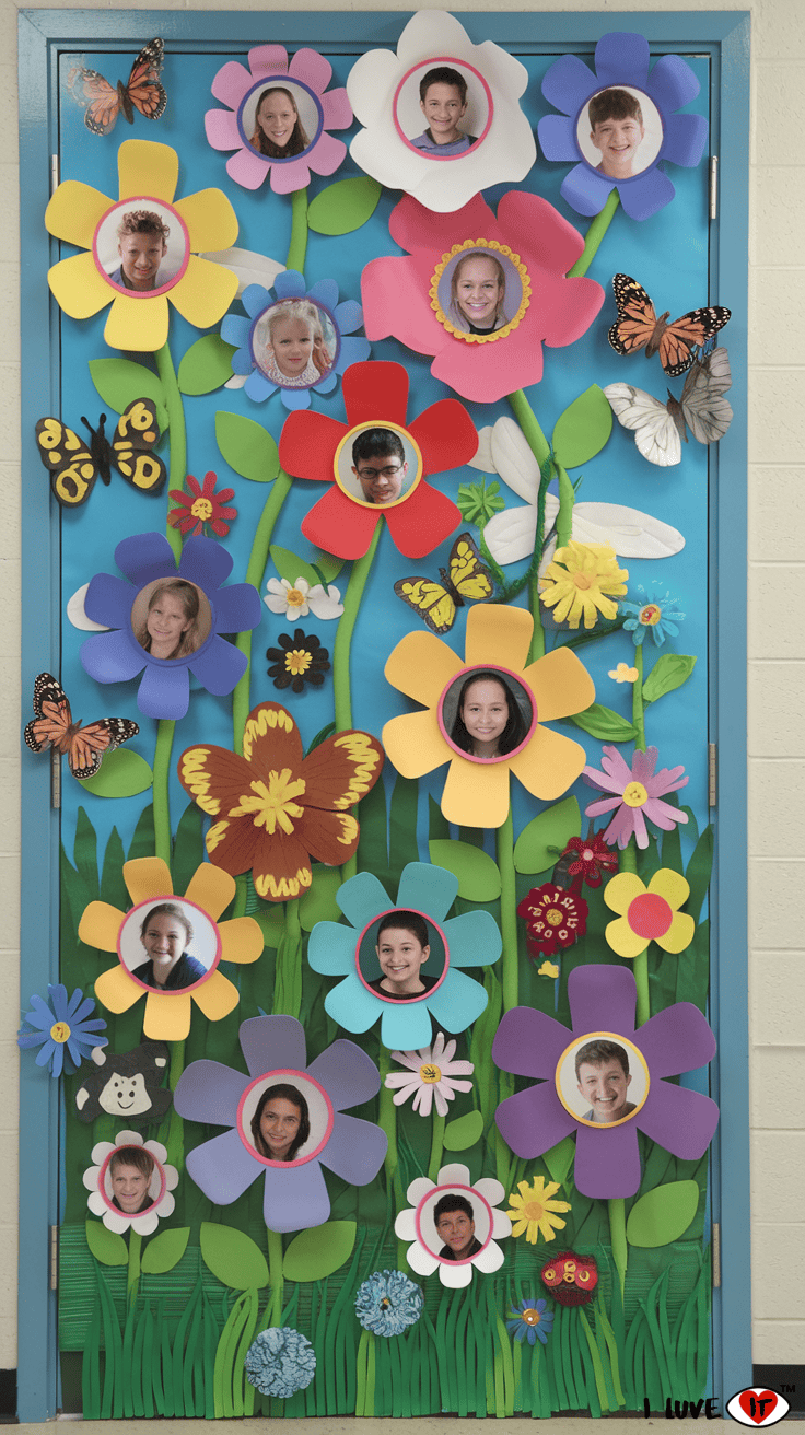 blooming into spring classroom door decor