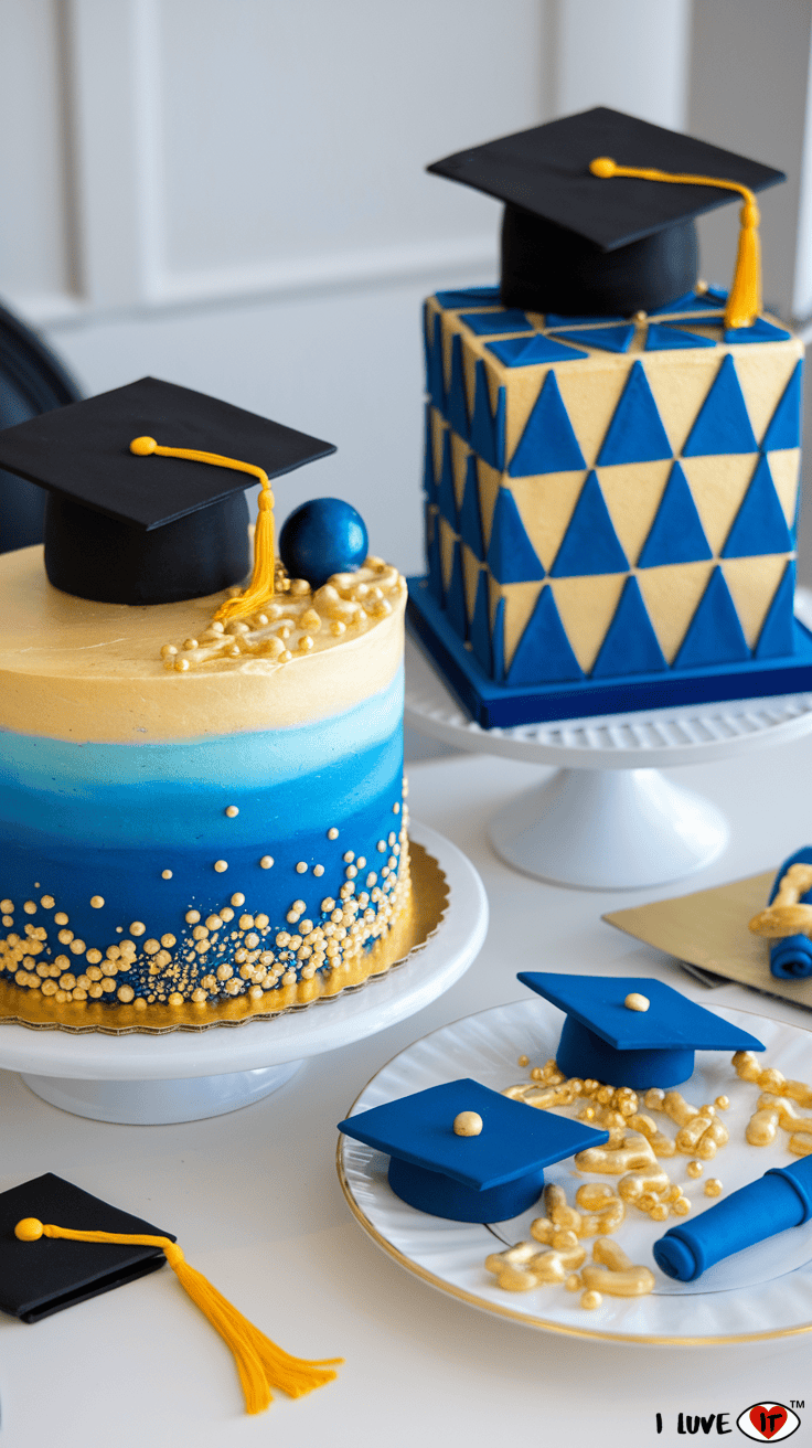 graduation cake blue and gold