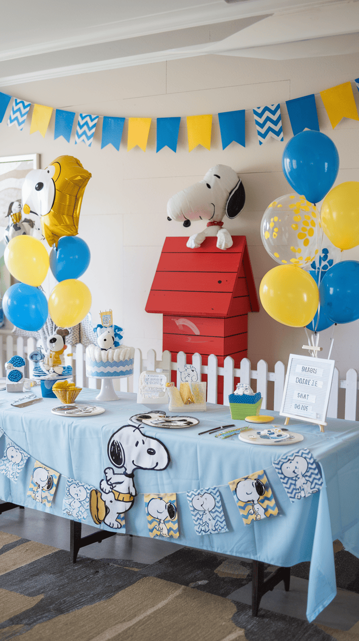 blue and yellow snoopy baby shower