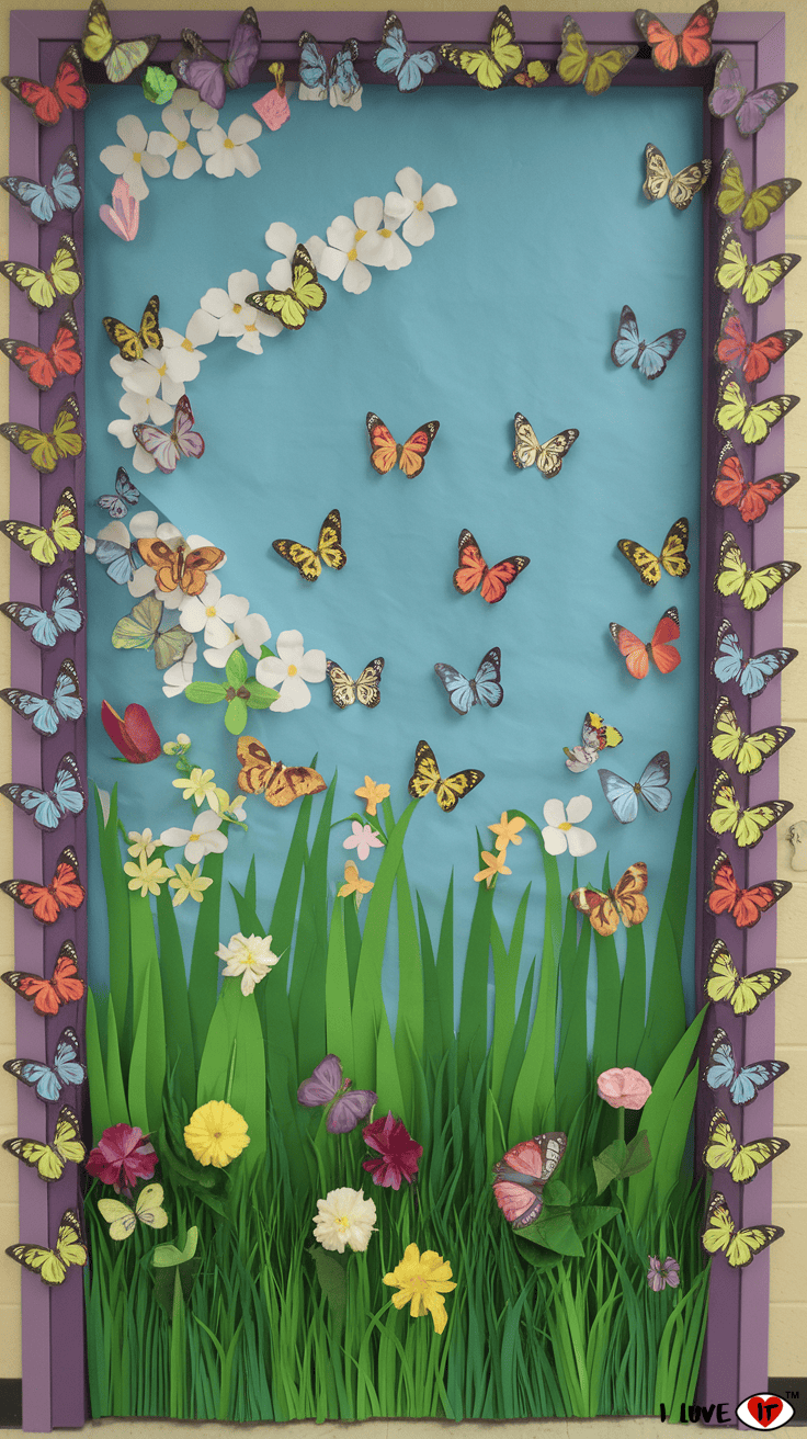 fluttering into spring classroom door decor