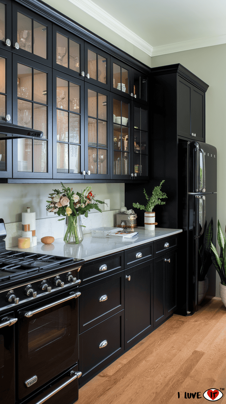 black cabinets brown floors