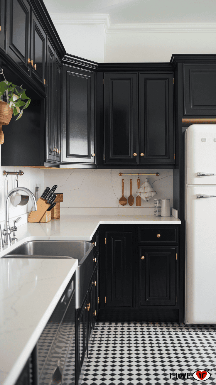 black kitchen cabinets white countertops