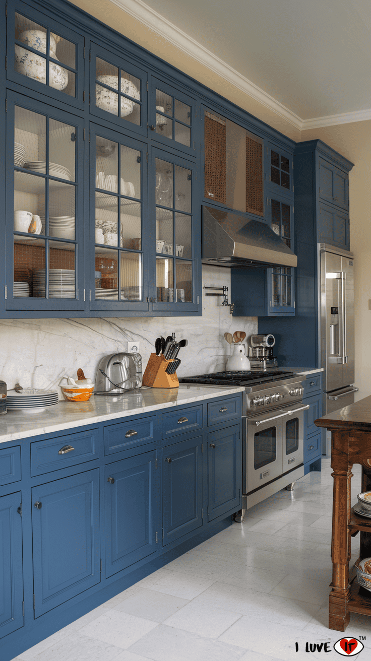 blue kitchen cabinets with glass fronts