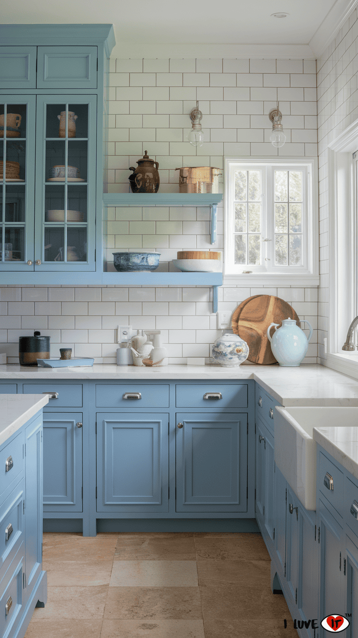 blue and white kitchen cabinets