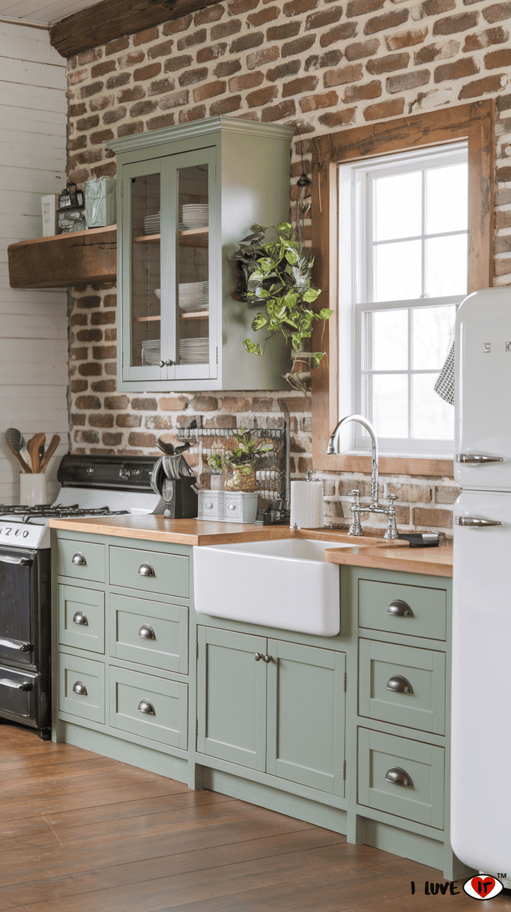 sage green cabinets brick backsplash