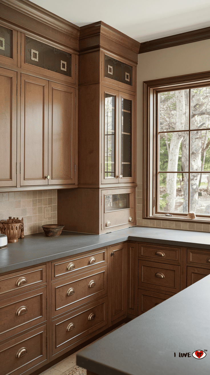 brown kitchen cabinets, gray counters