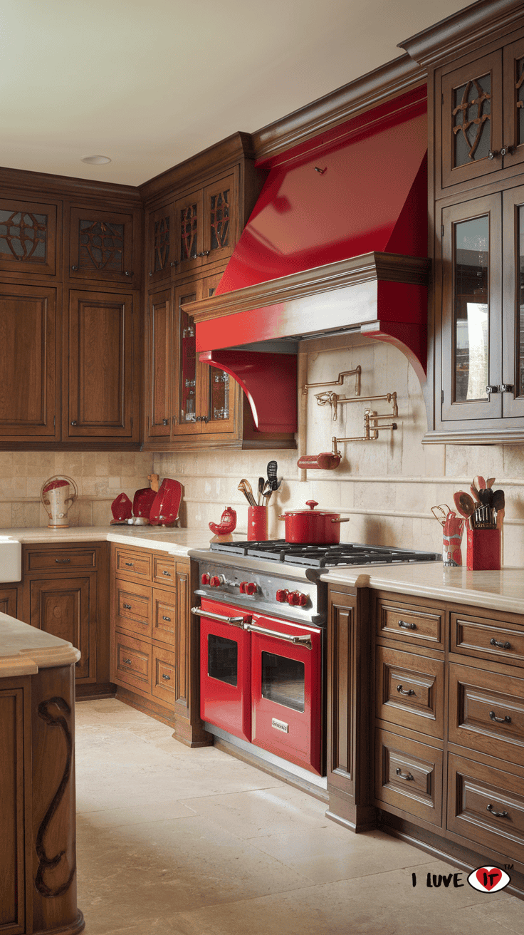 brown kitchen cabinets red accents