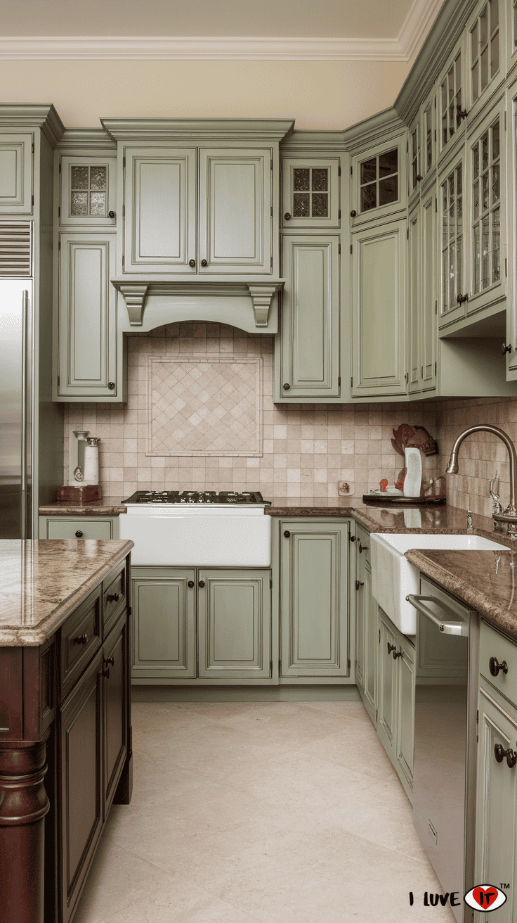 sage green cabinets brown granite countertops 