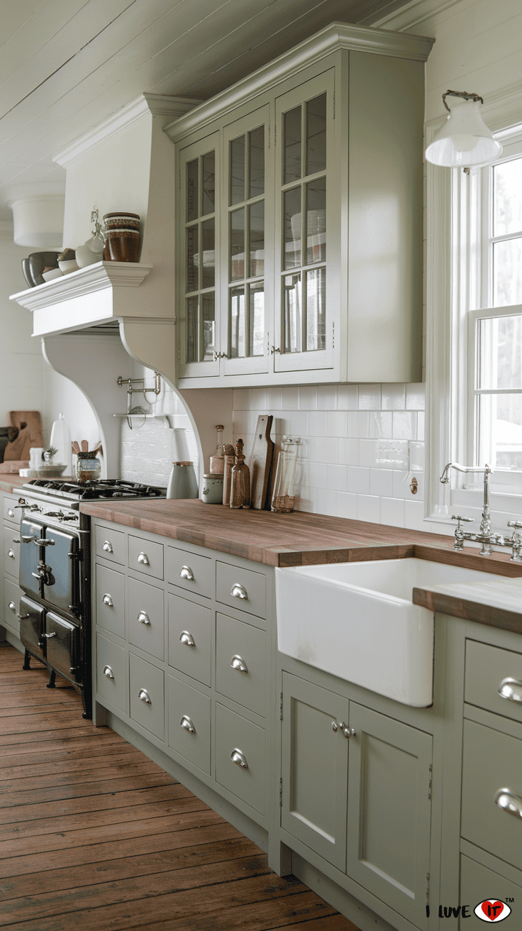 sage green kitchen cabinets butcher block counters