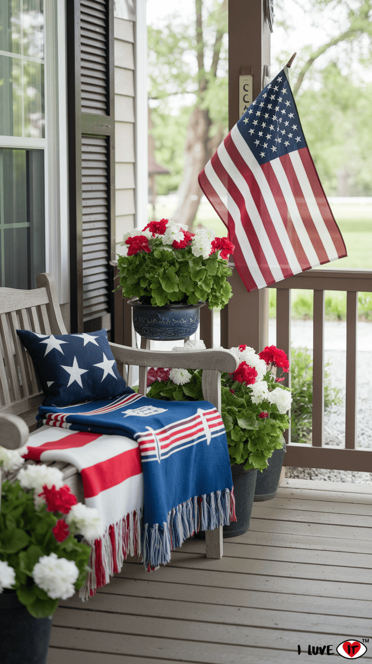 American flag blankets porch