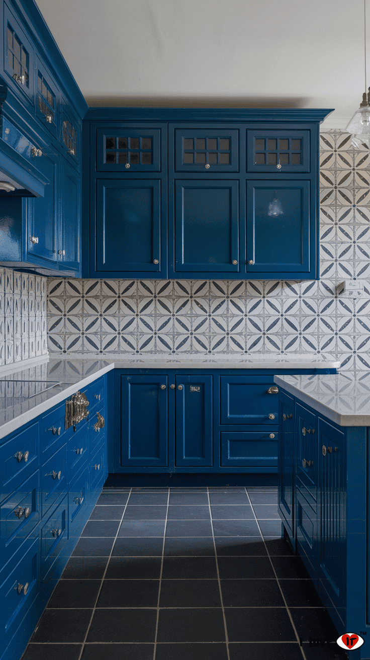 dark blue kitchen cabinets statement backsplash