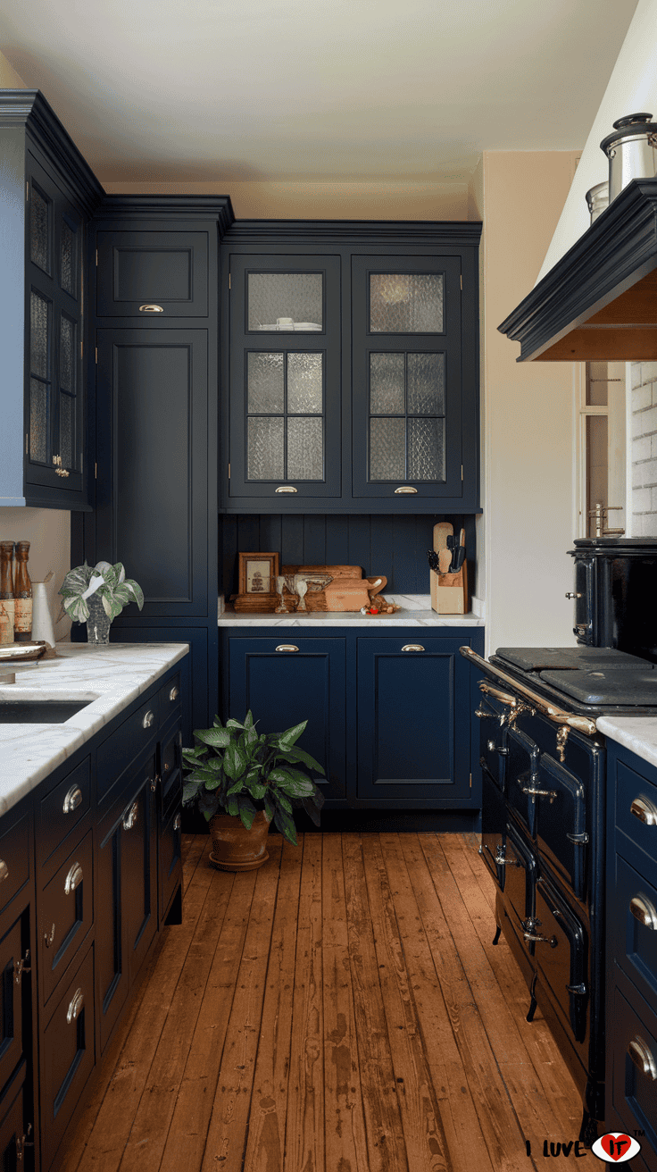 deep navy blue kitchen cabinets wood accents