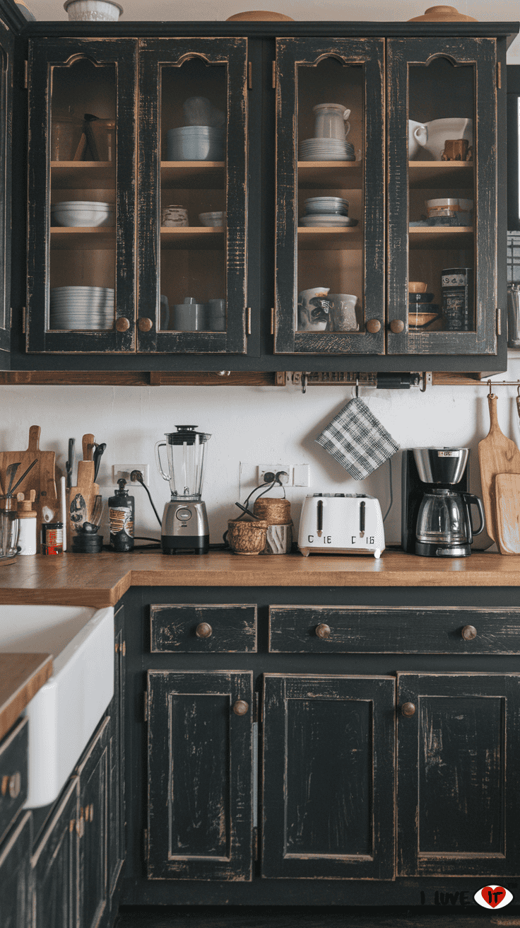 distressed black cabinets