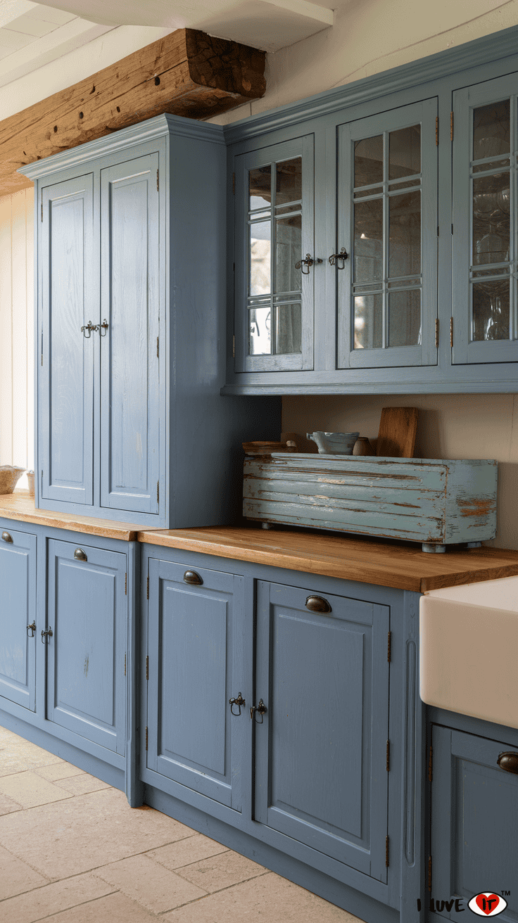 dusty blue kitchen cabinets