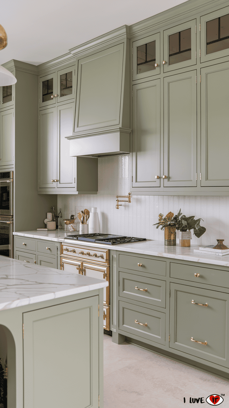 sage kitchen cabinets gold hardware