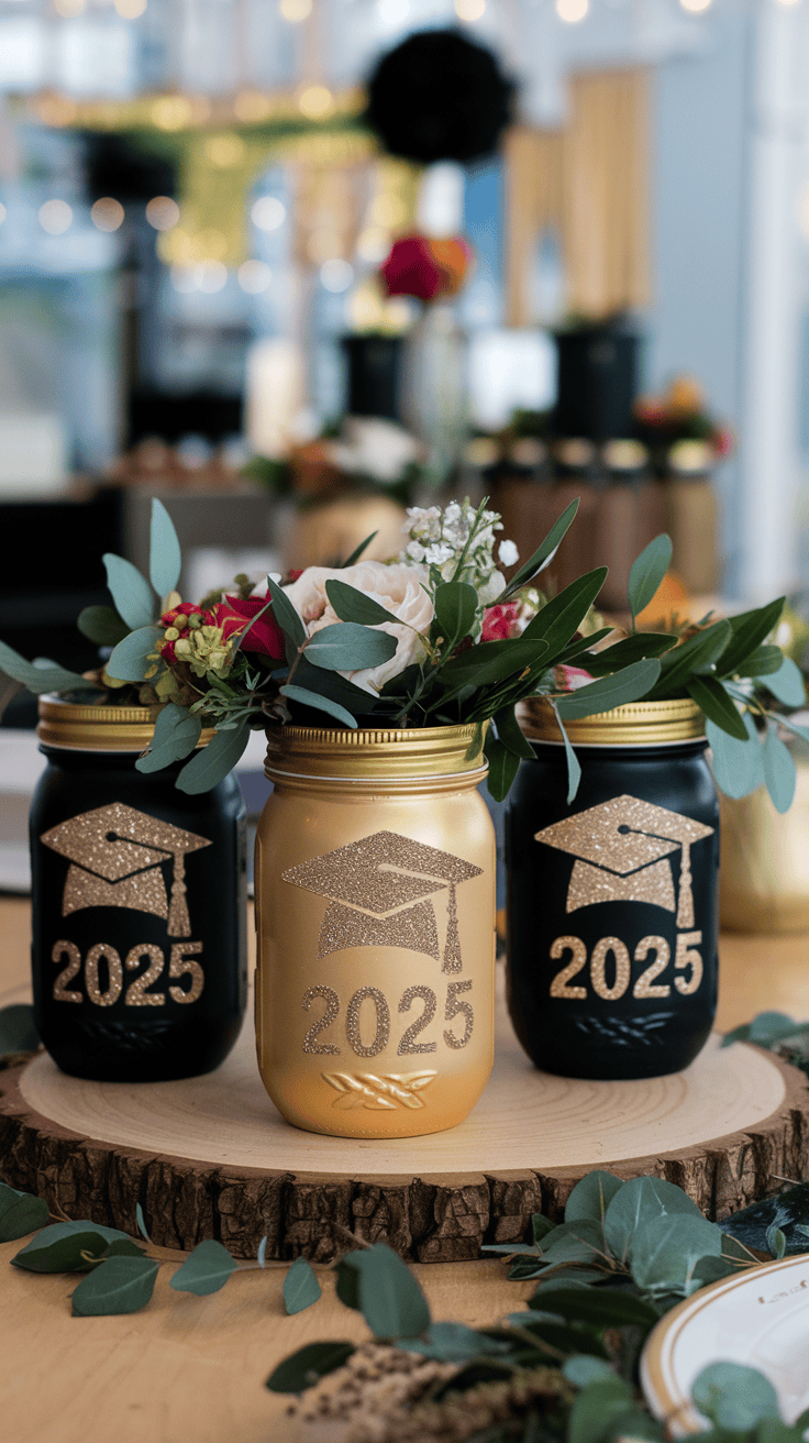 mason jar centerpieces gold and black