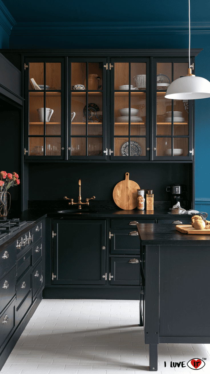 black kitchen cabinets blue walls