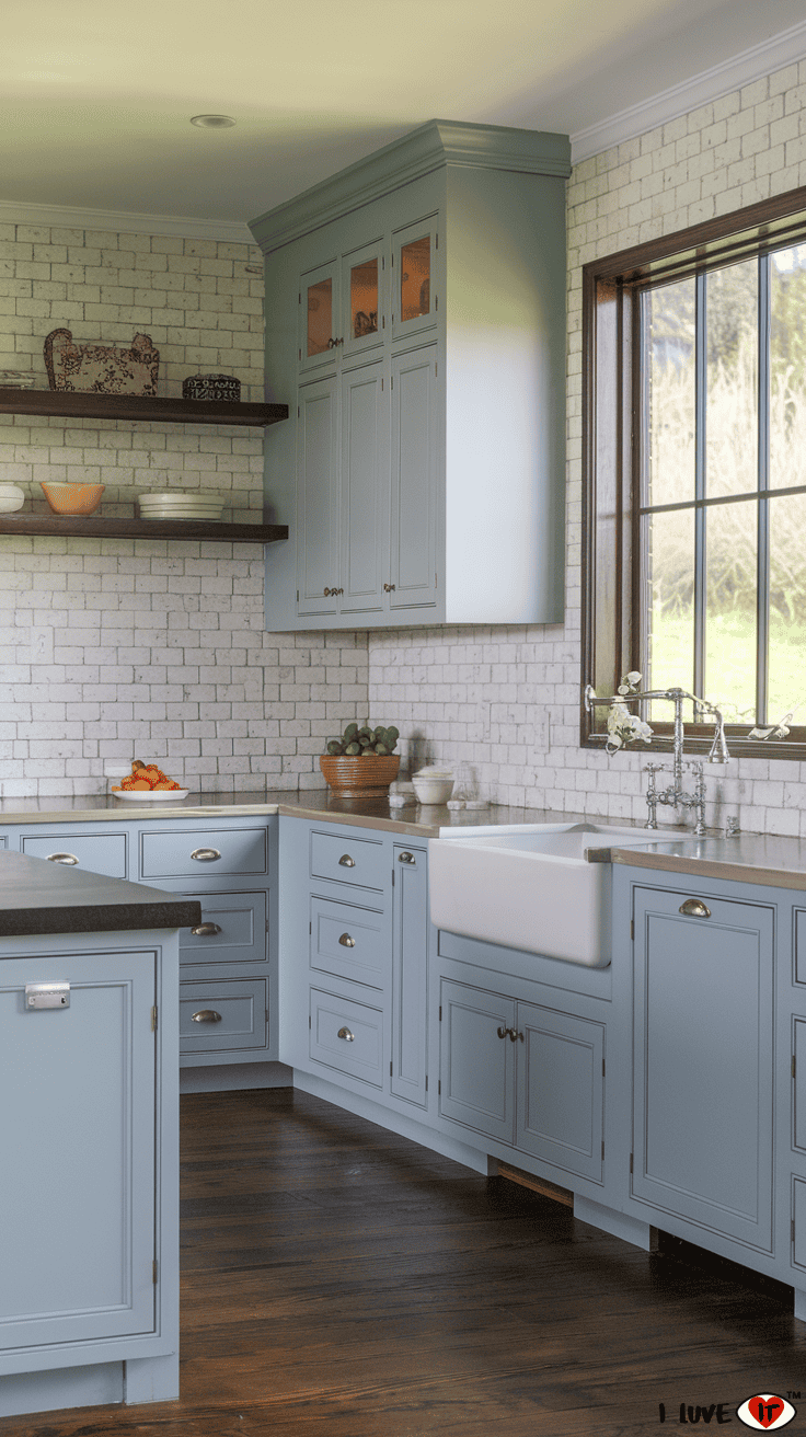 muted blue kitchen cabinets