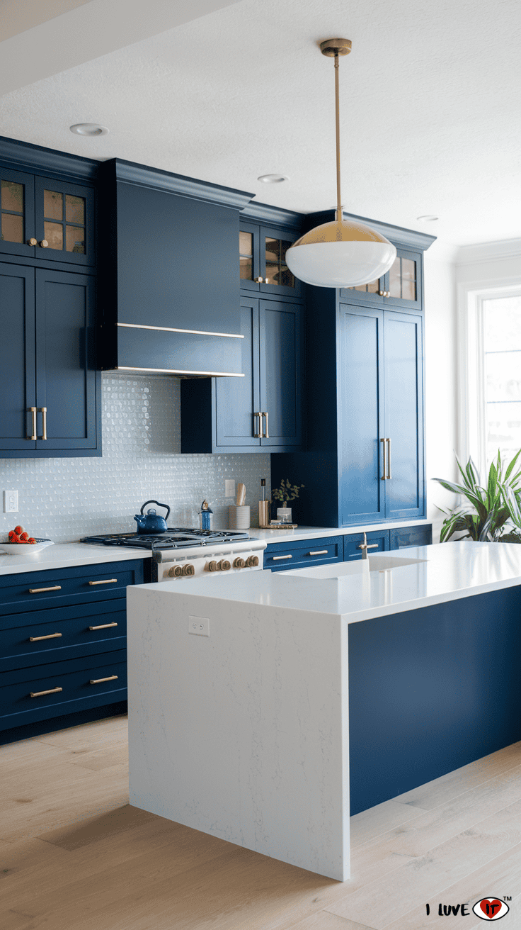 navy blue kitchen cabinets waterfall island