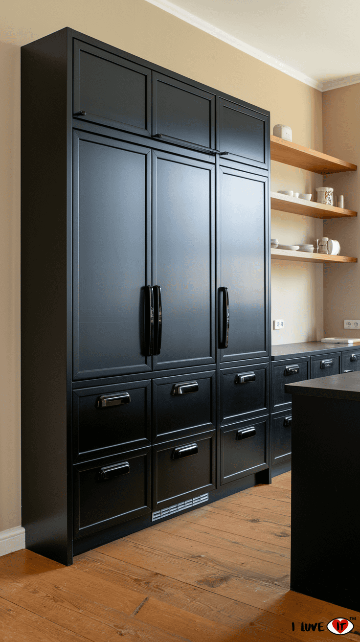 black kitchen cabinet with oak