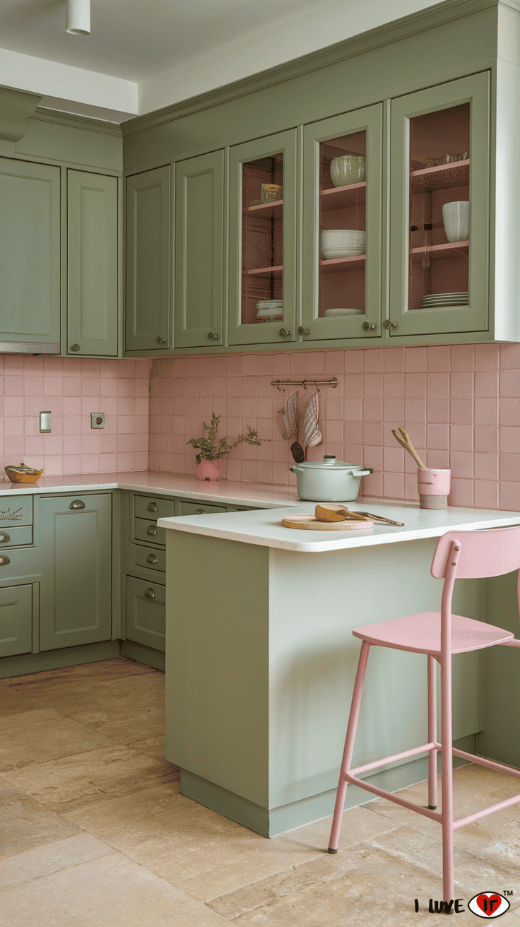 sage cabinets pink backsplash