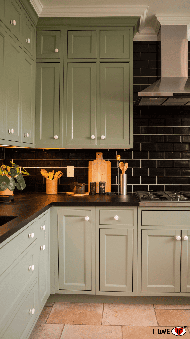 sage green cabinets dark backsplash