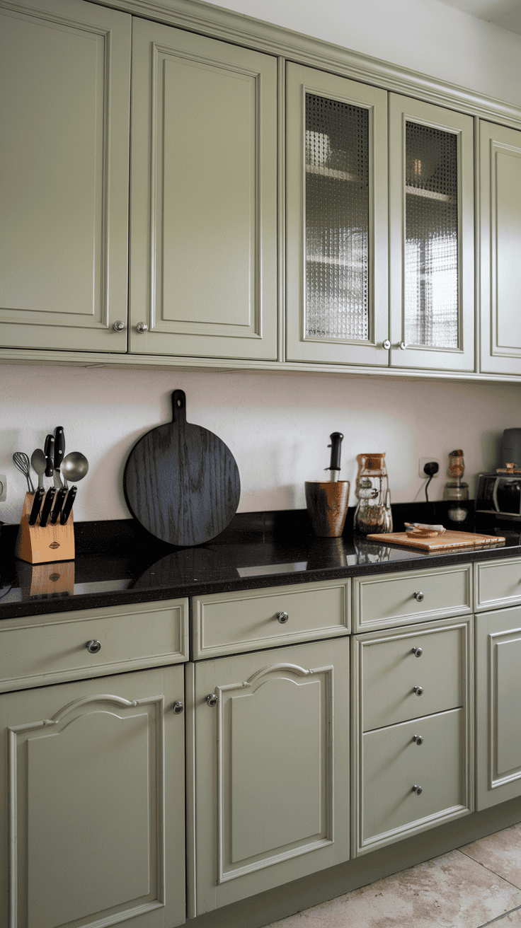 sage green cabinets black counters