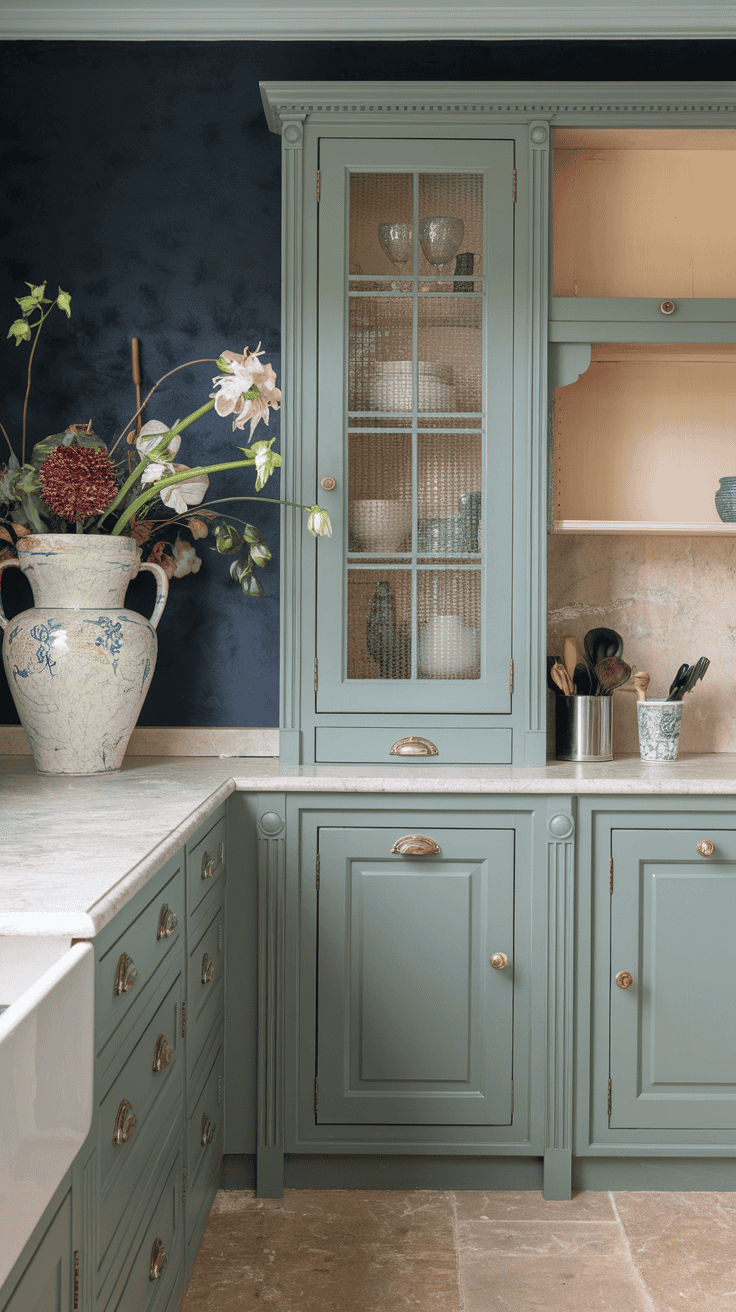 sage green kitchen cabinets blue accent