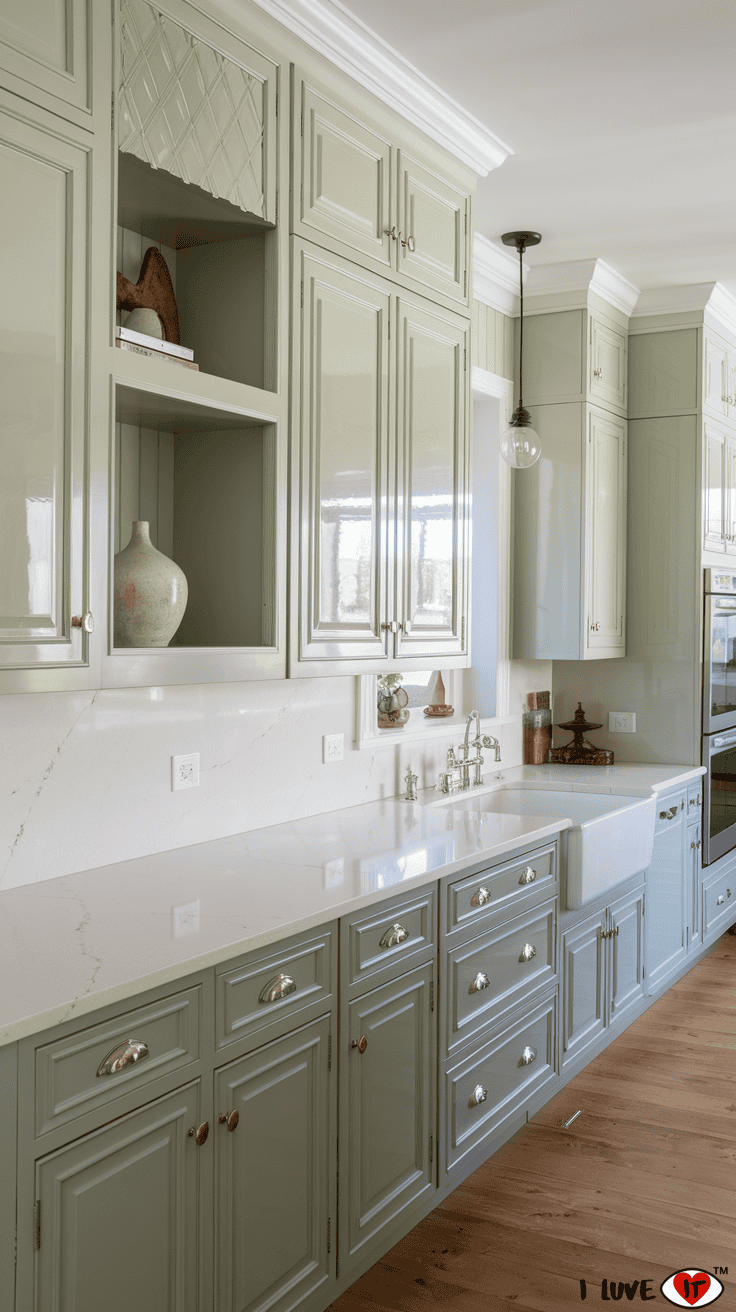 sage green kitchen cabinets white quartz counters