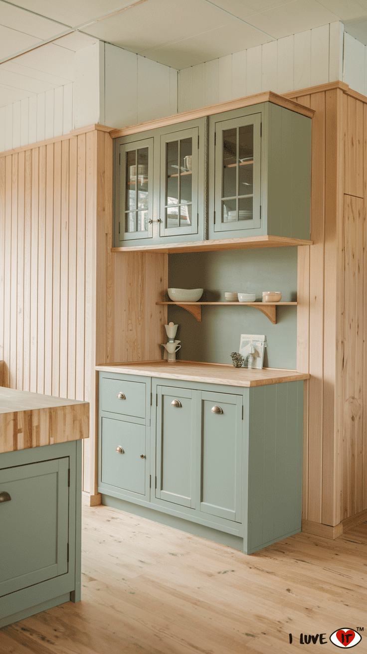 sage green kitchen cabinets pale wood accents