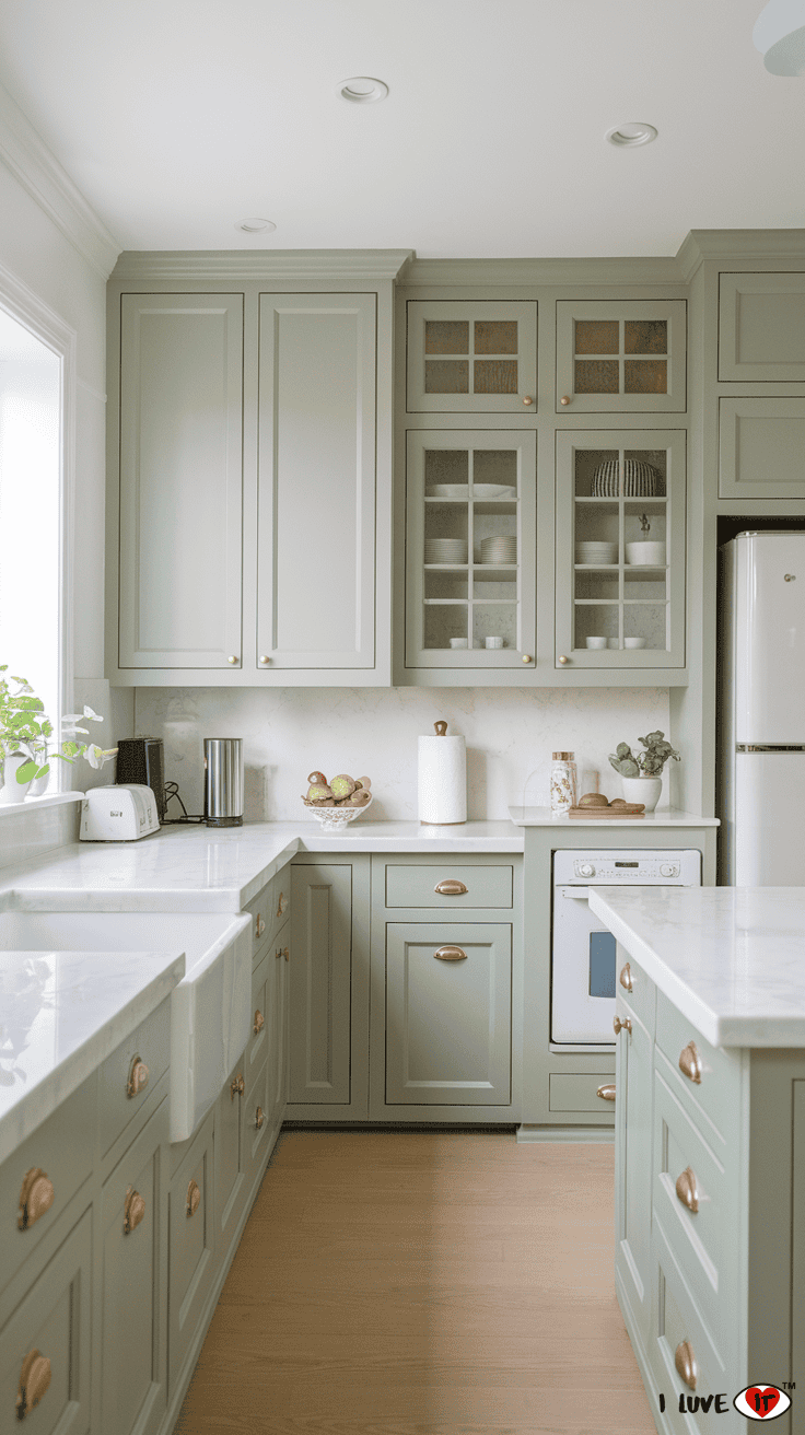 sage green kitchen cabinets white counters